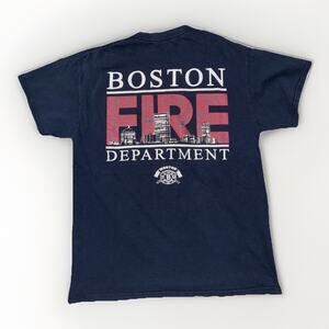 Vintage Boston Fire Department Graphic T-Shirt Navy Blue Large 19x25 Firefighter